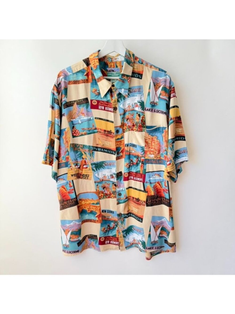 Reyn Spooner World Travel Postcard Hawaiian Shirt Beige Men’s Size XL